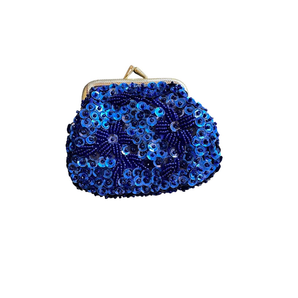 Vintage Royal Blue Beaded Sequin Kiss Lock Coin Purse Gold Tone Hardware
